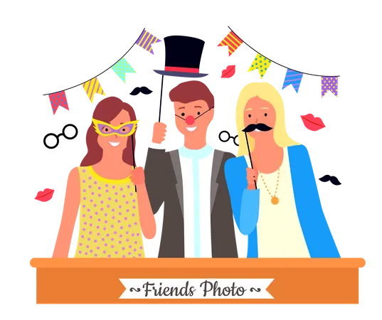 Friends taking photos with party probs  Illustration