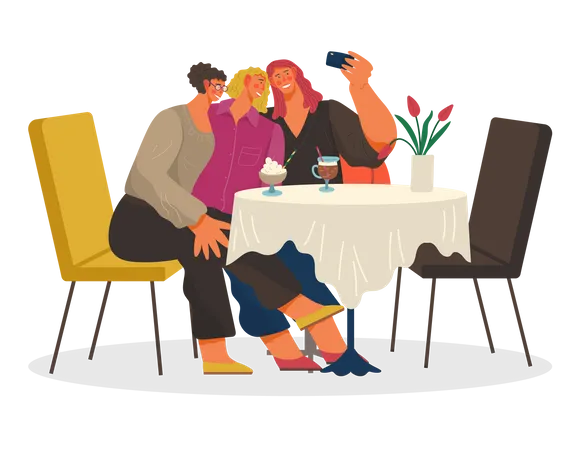 Female Friends Taking Selfie In Restaurant Or Cafe Friends Spending Weekends Together Drinking Coffee And Talking Served Beverages On Table With Vase And Tulips Relaxing Women Vector In Flat Illustration