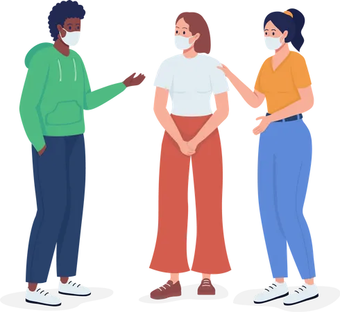 Friends Talk In Face Masks Semi Flat Color Vector Characters Interacting Figures Full Body People On White Covid Safety Isolated Modern Cartoon Style Illustration For Graphic Design And Animation Illustration
