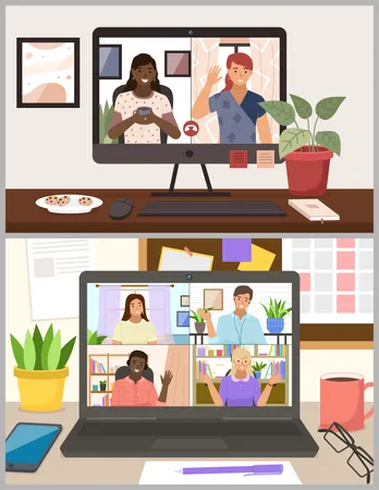 Friends talking to each other via video call  Illustration