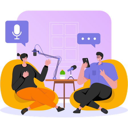 Friends talking while having podcast Illustration