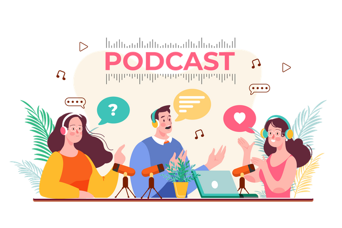 Friends talking while having the podcast Illustration