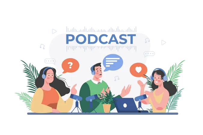 Friends talking while having the podcast  Illustration