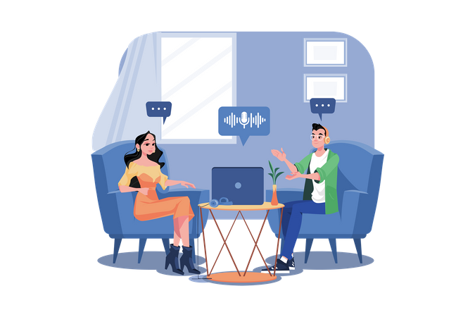 Friends talking while having the podcast  Illustration