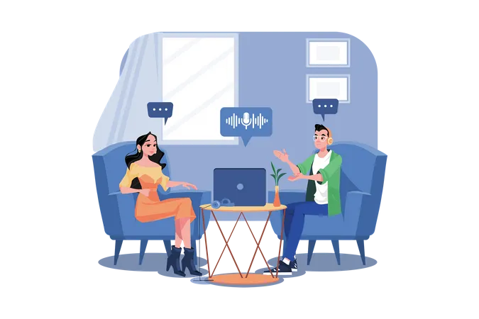 Friends Talking While Having A Podcast Illustration