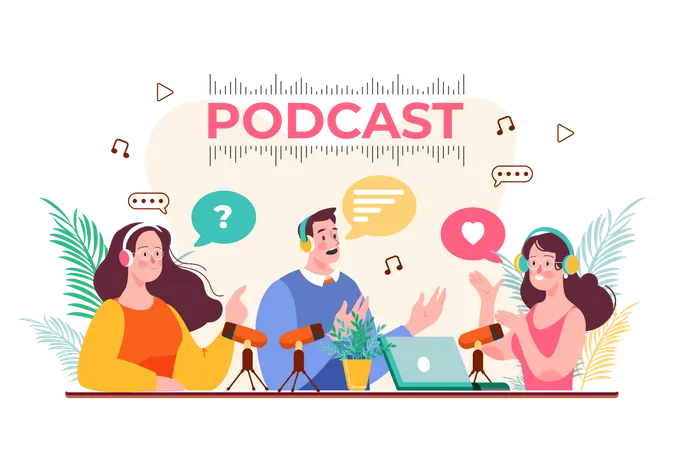 Friends talking while having the podcast  Illustration