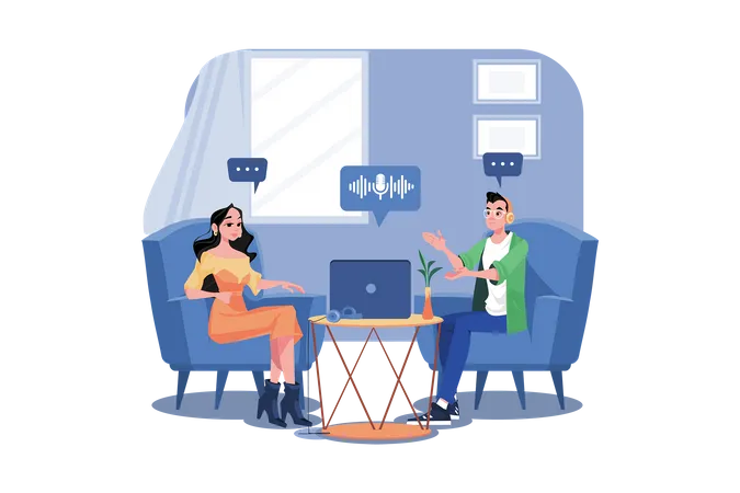 Friends talking while having the podcast  Illustration