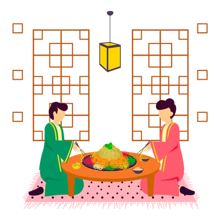 Friends Toss The Yusheng At New Year Eve Illustration