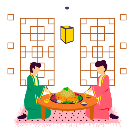 Friends toss yusheng at new year eve  Illustration