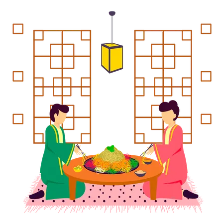 Friends toss yusheng at new year eve  Illustration