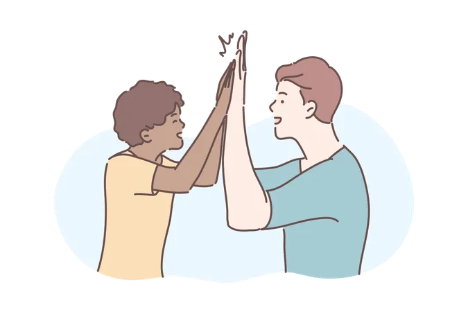 Friendship Informal Greeting Concept Illustration Of International Friendship Informal Greeting Communication In Cartoon Style Young Cheerful Guy Gives High Five To His Friend Illustration