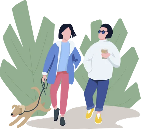 Friends Walking With Pet Flat Color Vector Faceless Characters Dog Owner Pet Lover Strolling With Neighbour In Park Isolated Cartoon Illustration For Web Graphic Design And Animation Illustration