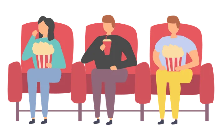 Friends Spending Time Together In Cinema Vector People Sit In Hall Watching Movie Drink And Eat Popcorn People Gathered For Entertainment And Joyful Time Illustration