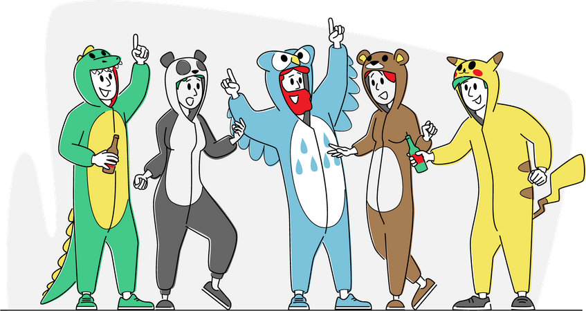 Friends wearing funny costume and having fun together  Illustration
