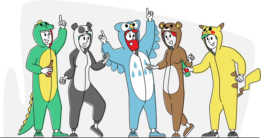 Friends wearing funny costume and having fun together Illustration
