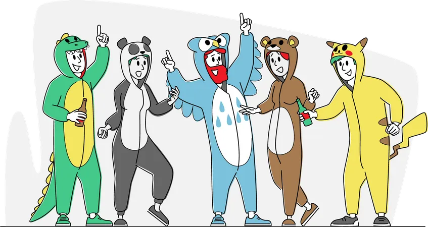 Friends wearing funny costume and having fun together  Illustration