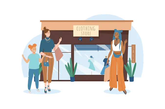 Shop Blue Concept With People Scene In The Flat Cartoon Design Friends Went To A Clothing Store To Update Their Wardrobe Vector Illustration イラスト