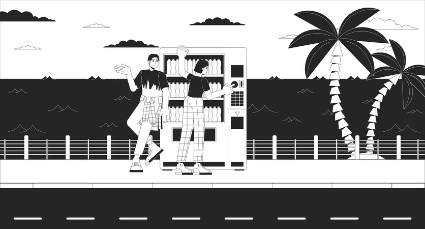 Beverage Vending Machine Friends Black And White Cartoon Flat Illustration Twilight Waterfront People Asian Young Couple 2 D Linear Background Lo Fi Vibes Monochrome Scene Vector Outline Image Illustration