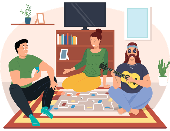 Friends with board game on floor  Illustration