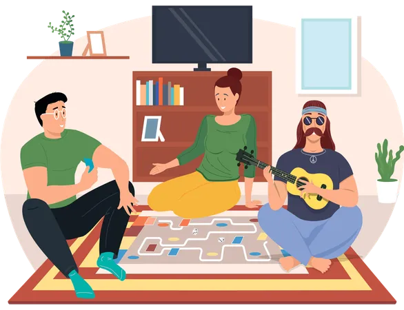 Friends with board game on floor  Illustration