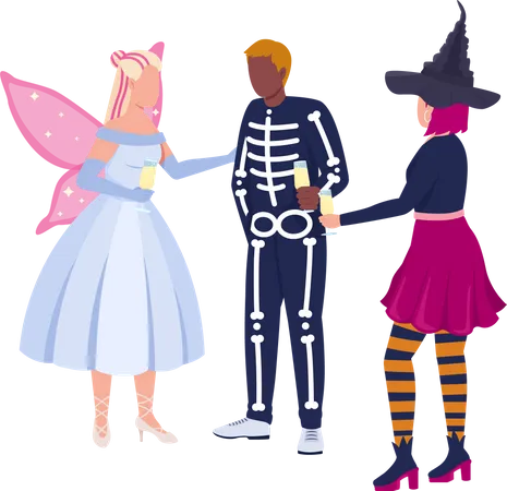 Friends with costumes celebrating Halloween Illustration