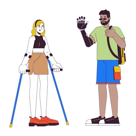 障害を持つ友人 2 D 線形漫画キャラクター。松葉杖をついたヨーロッパの女性と義腕を持つ黒人男性、孤立した線ベクトル人物、白い背景。多様性カラー フラット スポット イラスト イラスト