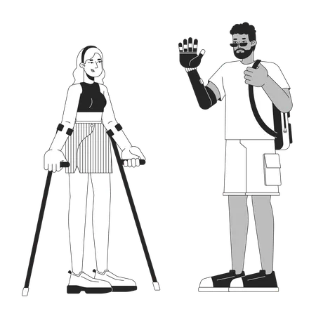 친구 장애 흑백 2 D 라인 만화 캐릭터 유럽 여성 목발과 흑인 남성 팔 보철물은 벡터 윤곽선을 분리했습니다 다양성 단색 플랫 스팟 그림 일러스트레이션