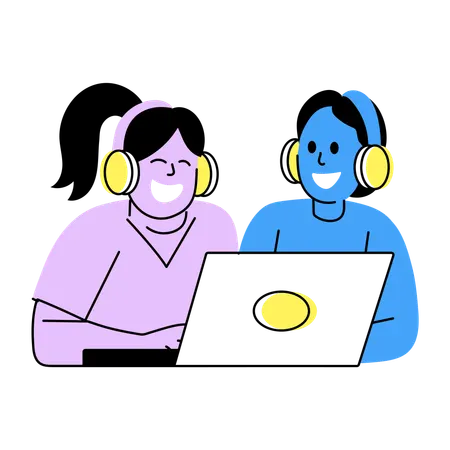 Friends Working together on laptop  Illustration