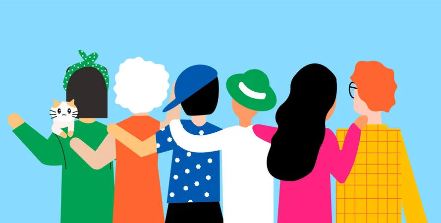 Flat Illustration About Friendship And Togetherness Without Any Difference Back Side Is Seen Of Girl Boys Each Of Them Put Their Hand Each Others Shoulder Illustration