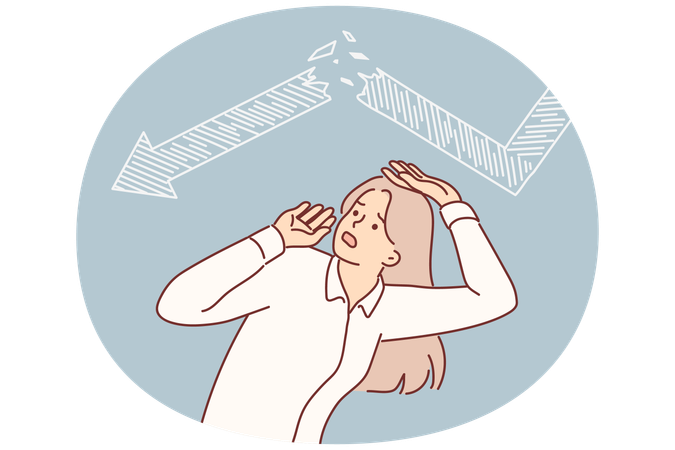 Frightened business woman sees crisis chart above head  Illustration