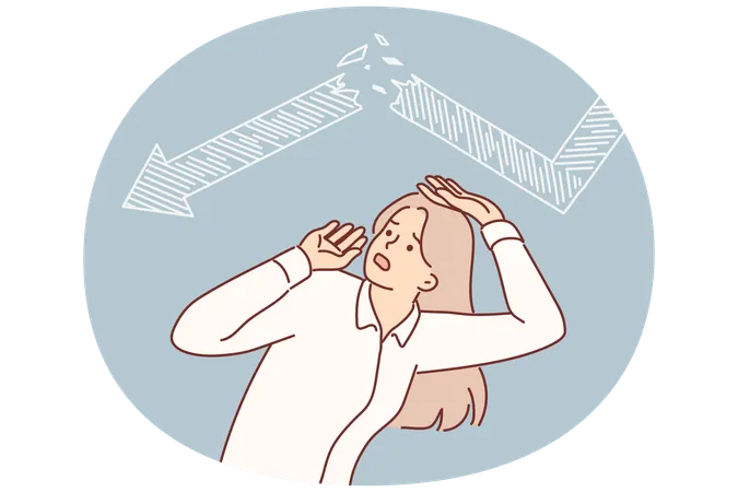 Frightened business woman sees crisis chart above head  Illustration