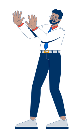 Frightened businessman in defensive stance  Illustration