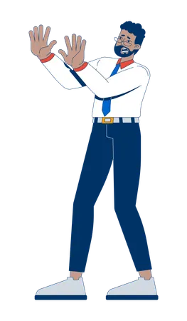 Frightened businessman in defensive stance  Illustration