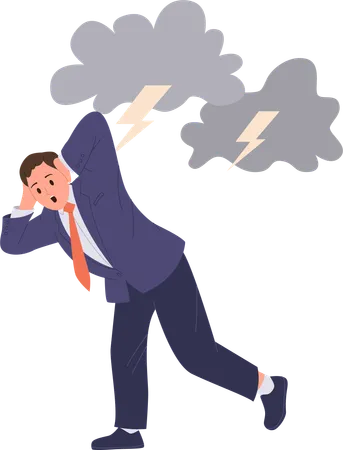 Frightened Businessman Cartoon Character In Fear Panic Suffering From Thunderstorm Phobia Vector Illustration Executive Manager Feeling Scared Escaping Thunder And Lightning Bolt Isolated On White Illustration
