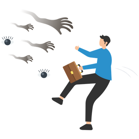 Frightened businessman running away from creepy monster hands  Illustration