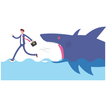 Frightened businessman running away from shark attack  Illustration