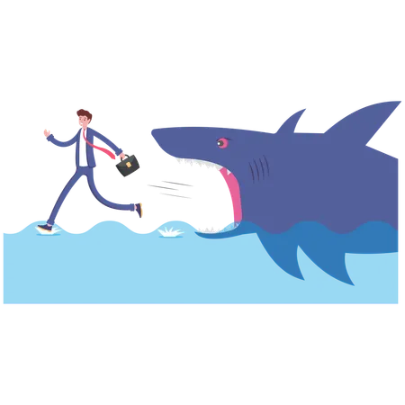 Frightened Businessman Running Away From Shark Attack Vector Illustration Cartoon Illustration