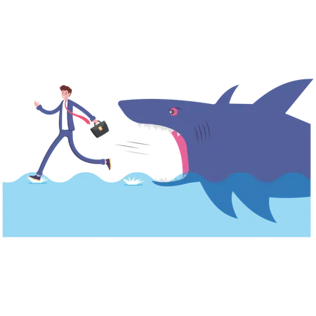 Frightened businessman running away from shark attack  Illustration