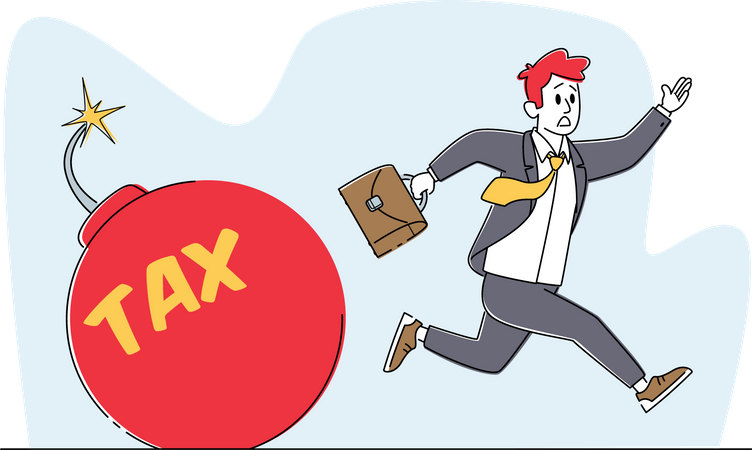 Frightened Businessman Running from Red Bomb with Burning Fuse and Tax Inscription  Illustration