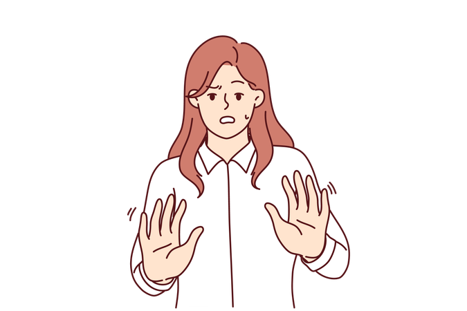 Frightened businesswoman makes stop gesture  イラスト