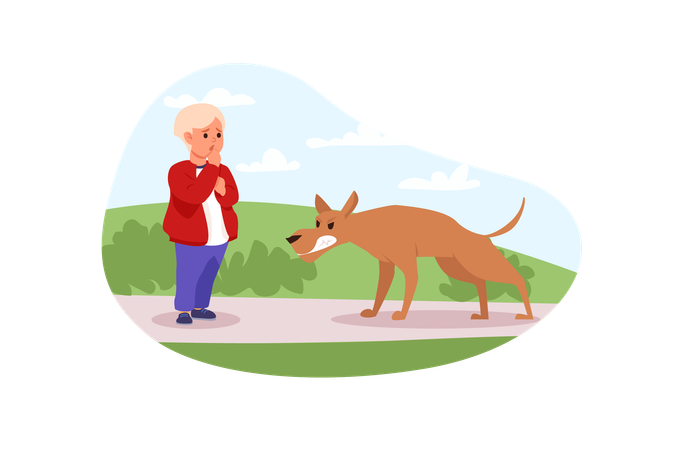 Frightened child attacked by aggressive dog on street  Illustration