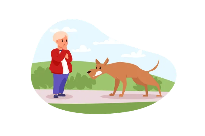 Frightened child attacked by aggressive dog on street  Illustration