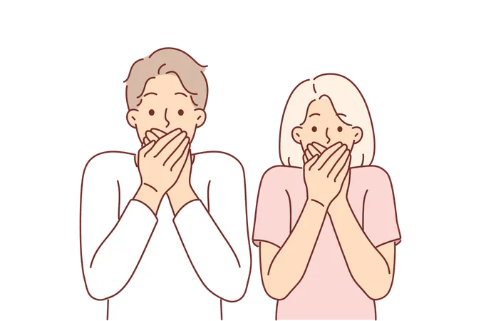Frightened Couple Covers Mouths After Seeing Unexpected Incident And Looks At Screen Showing Shock Emotions Frightened Man And Woman In Casual Clothes Feeling Shock After Hearing Breaking News イラスト