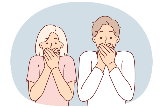Frightened couple covers their mouths after seeing unexpected incident and looks at screen  Illustration
