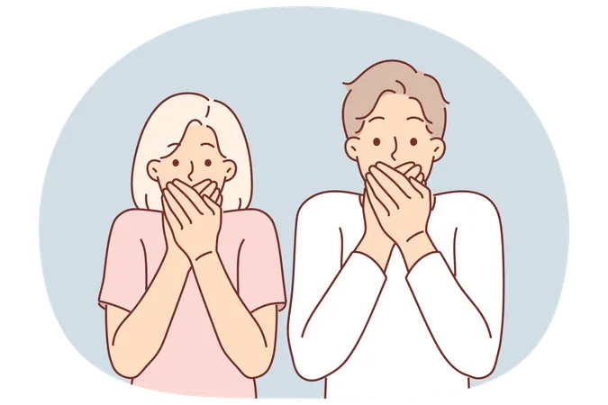 Frightened couple covers their mouths after seeing unexpected incident and looks at screen  Illustration