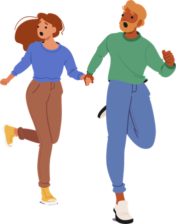 Frightened Couple Running Hand In Hand Depicting Fear And Urgency  Illustration