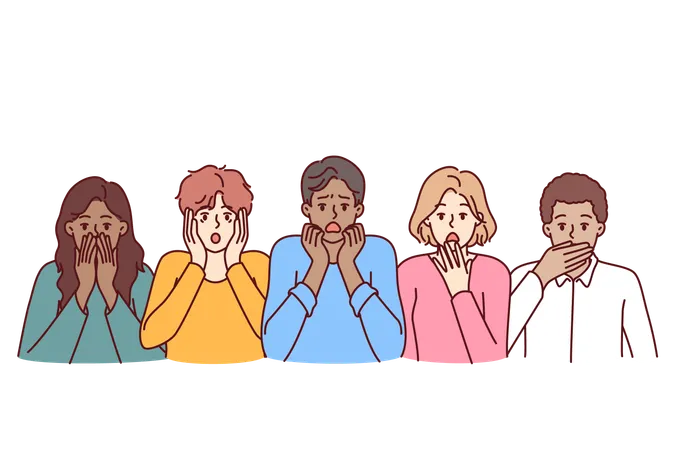 Frightened diverse people open mouths touch faces and experience shock and panic  Illustration