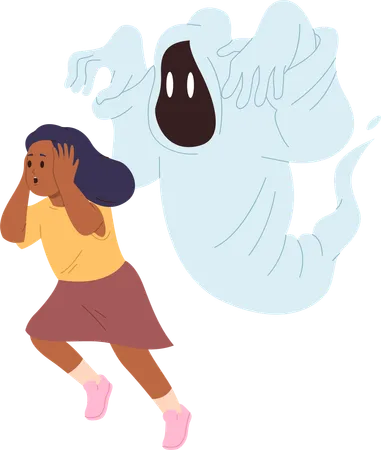 Frightened girl child touching head screaming running away from ghost  Illustration