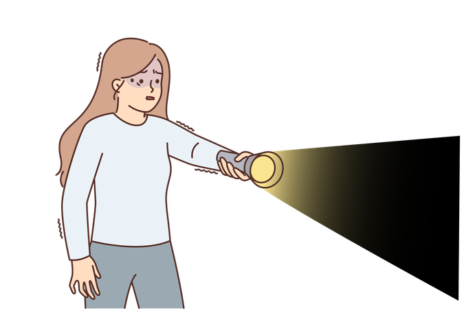 Frightened girl with flashlight walks in dark  Illustration