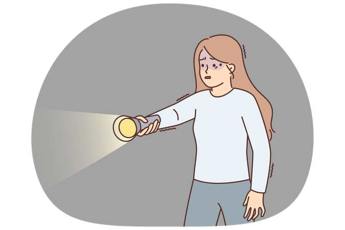 Frightened girl with flashlight walks in dark suffering from nyctophobia and trembling with fear  Illustration
